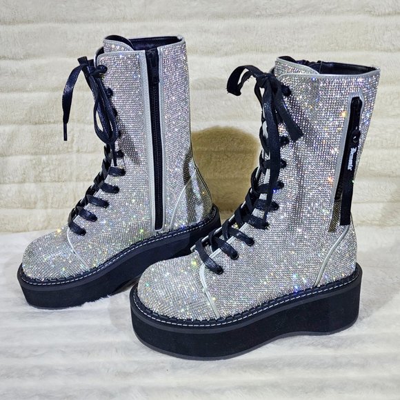 Super Sparkle Iridescent Rhinestone Platform Combat Mid Calf Boots 362 Emily - Picture 3 of 17